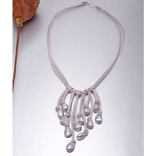 9-10mm Baroque Pearl Necklace White Color & Leather best Christmas gift for woman