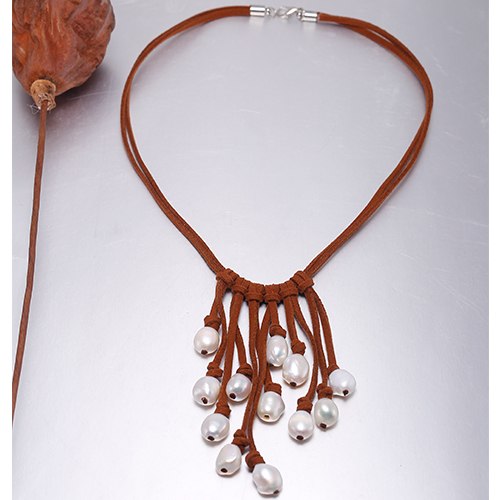 9-10mm Baroque Pearl Necklace White/grey Pearl & Leather Women Necklace