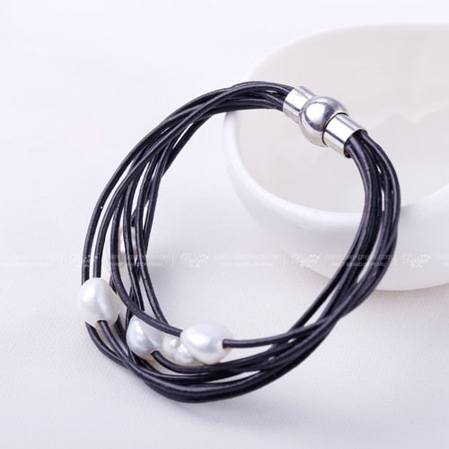 9-10mm White Natural Baroque Pearl Bracelet 7 Layers Leather Bracelet Wholesale Price Magnet Clasp