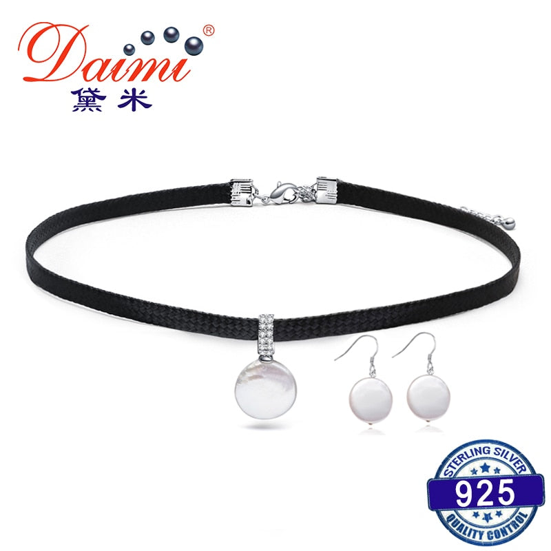 925 Silver Jewelry Set 12-13mm Coin Pearl Choker Necklace, Dangle Earrings, Fashion Instagram Stylish Jewelry