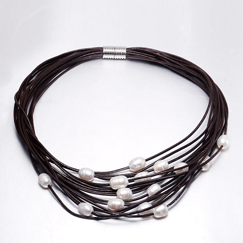 Big 9-10mm pearl Necklace White Pearl & Leather Necklace For Women