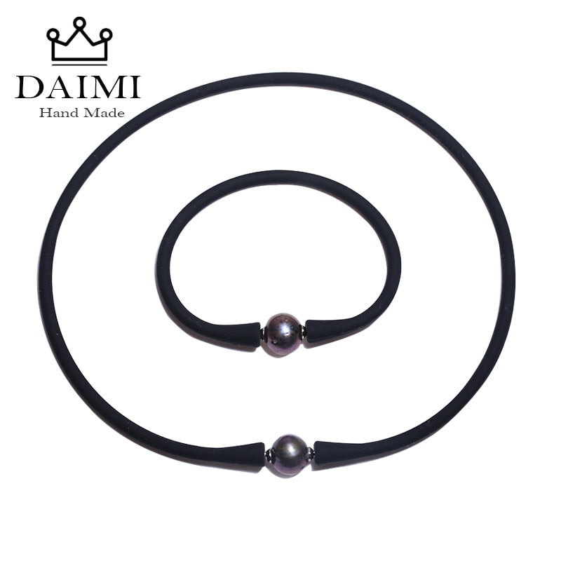Black Silicone Hologram Necklace Bracelet Set 11mm Black Pearl Set Waterproof Jewelry Sets Casual/Sporty