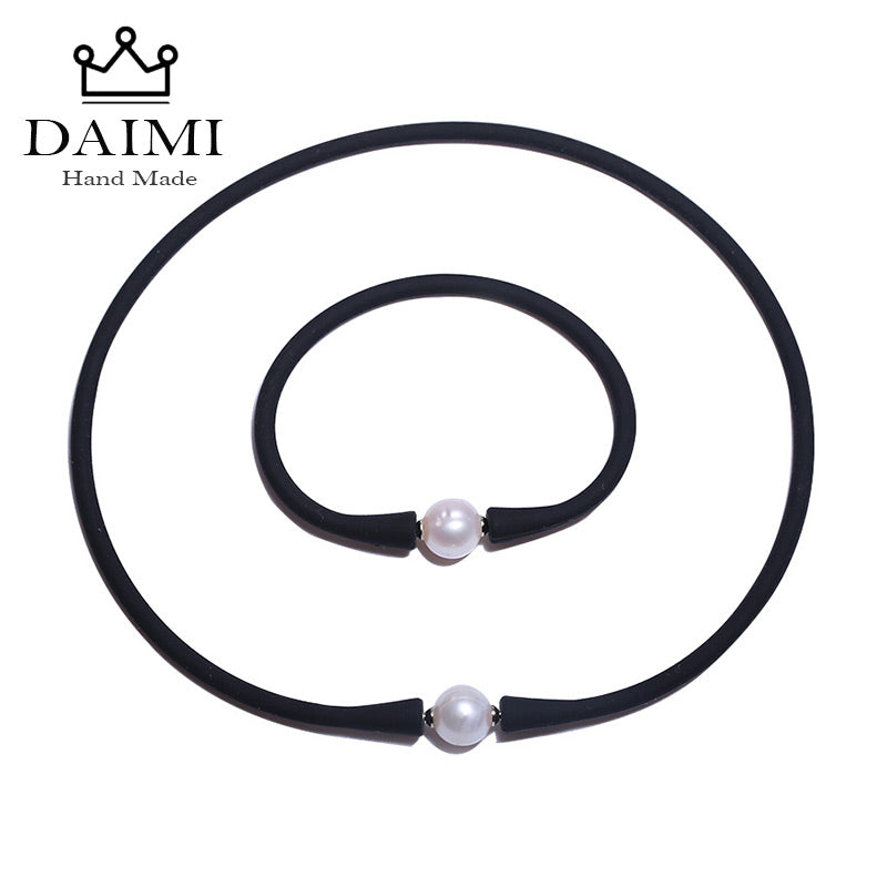 Black Silicone Necklace Bracelet 11mm White Pearl Jewelry Set Casual/Sporty Women Accessories 41-42cm Choker