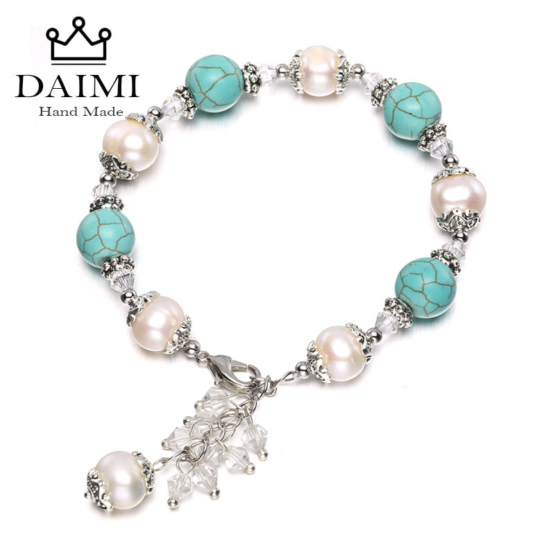 Blue Turquoise Bracelet Adjustable Women Bracelet Length 18-20cm Pearl Bracelets Trendy Colorful Stone Jewelry