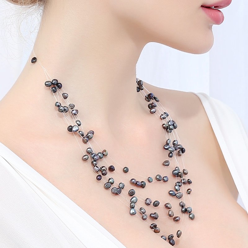 Floating Necklace 8 Strand Black Pearl Necklace Handmade Collares Necklaces Bride Jewelry