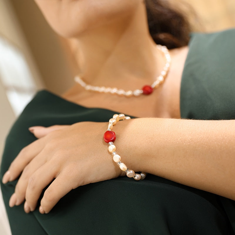 Pearl Pearl Set 8-9mm Red Coral Necklace Bracelet Earrings Set Jewelry Gift For Women
