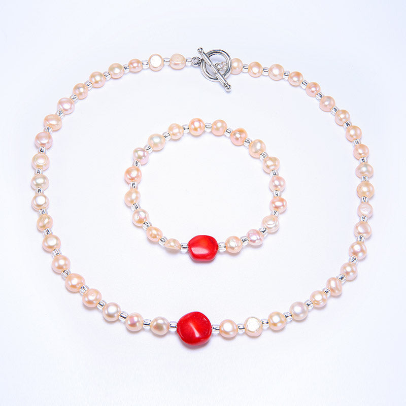 Pearl Set 8-9mm Red Coral Necklace Bracelet Set Jewelry Gift For Women