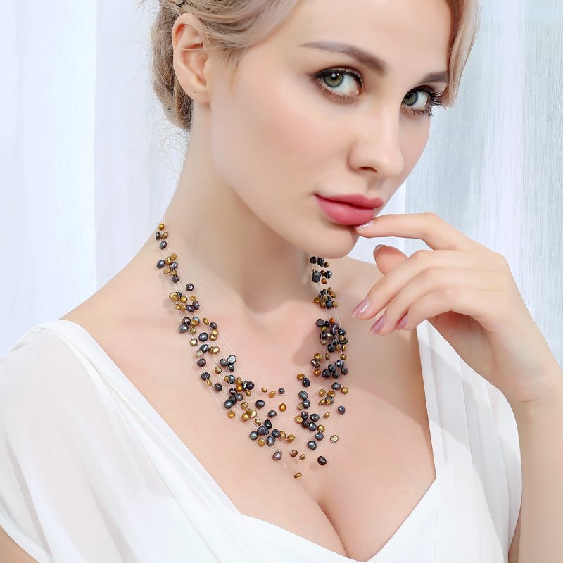 Genuine Multi Strand Baroque pearl Floating necklace Collares Necklaces for Woman