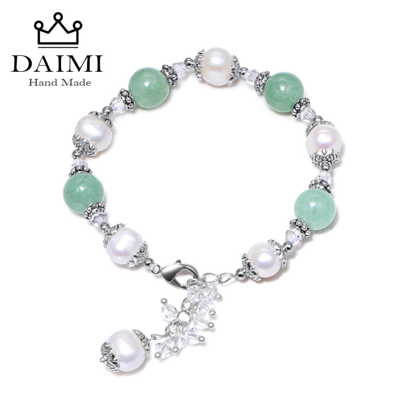 Green Jade Pearl And Crystal Bracelet Natural Pearl Adjustable Bracelet Colorful Stone Jewelry For Women