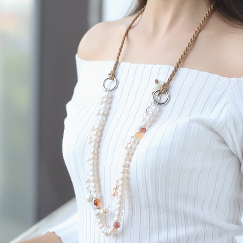 Leather Sweater Chain Necklace 10-11mm Cultured Pearl Jewelry Long Necklace Boho Jewelry