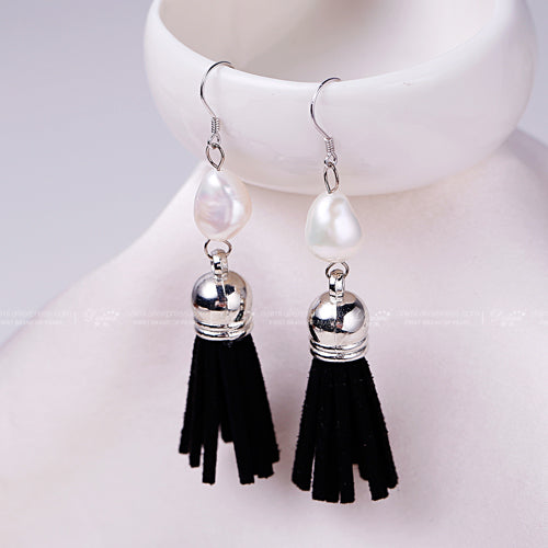 Leather Tassels Earrings Pearl Earrings 9-10mm White Baroque Pearl Bohemian Silver Earrings Wholesale Price