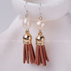 Leather Tassels Earrings Pearl Earrings 9-10mm White Baroque Pearl Bohemian Silver Earrings Wholesale Price