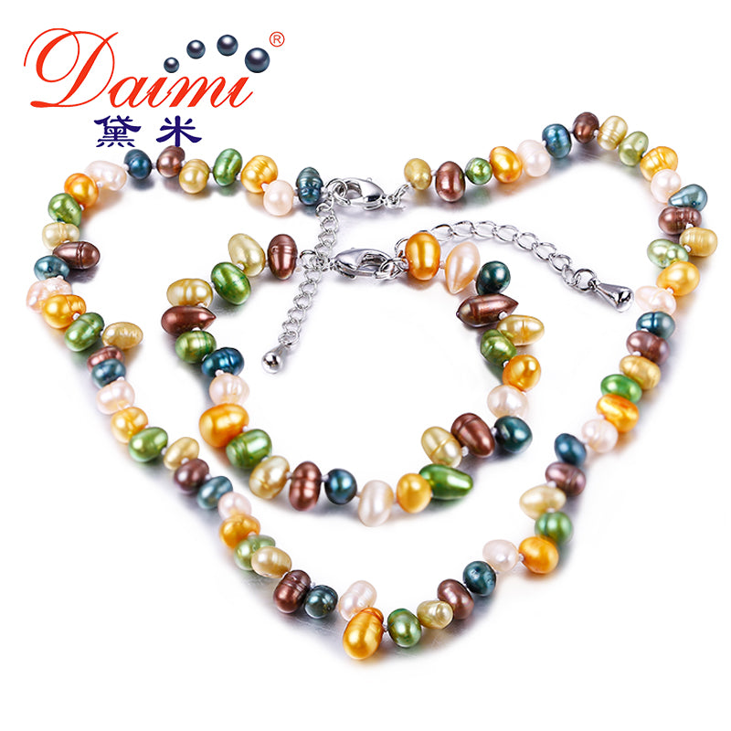 Multi Color Pearl 5-6mm Cultured Pearl Sets Necklace+Bracelet+Silver Earrings Jewelry Set Nice Gift For Girls
