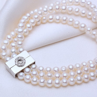 Natural Bracelet 4-5 mm White Pearl 3 Strand Bracelets For Women