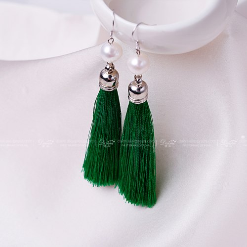 Silver Earrings Long Tassles Drop Earrings 9-10MM White Pearl Earrings 6 Colors Green/Orange/Fuchsia/Grey/Brown/Blue