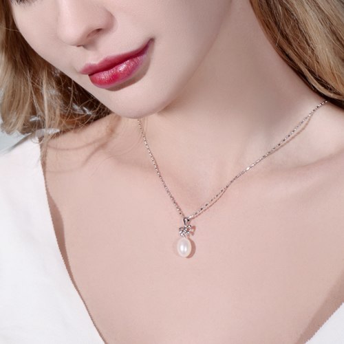 Simple Nice Bowknot Necklace 8.5-9mm Natural White Pearl Pendant Necklace 925 Silver Pendant 2020
