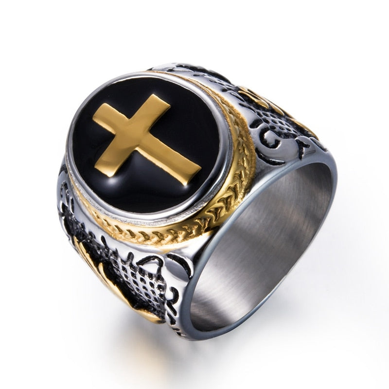 Cross Gold Rose gold Men Signet Rings Cross Titanium Steel Medieval Anel Masculino Jewelry For Gifts Size 7#-15#