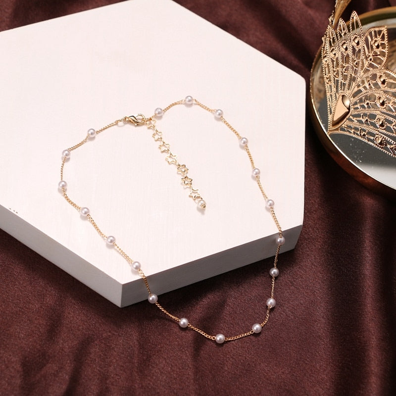 DAXI Women's Neck Chain Kpop Pearl Beads Choker Necklace Gold Color Necklaces Jewelry On The Neck 2021 Collar For Girls Gift