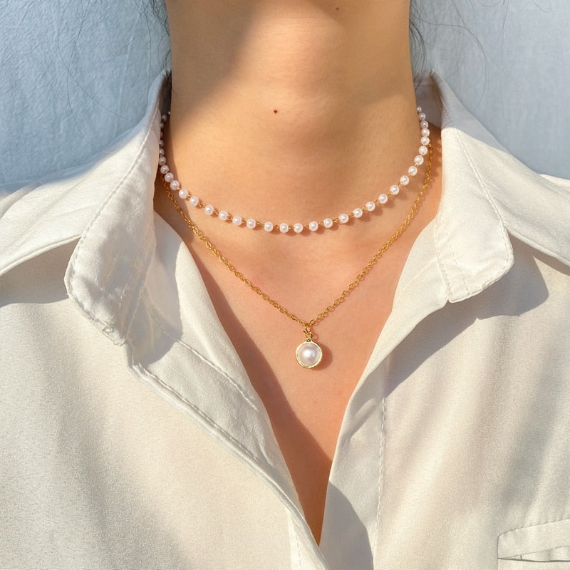 DAXI Women's Neck Chain Kpop Pearl Beads Choker Necklace Gold Color Necklaces Jewelry On The Neck 2021 Collar For Girls Gift