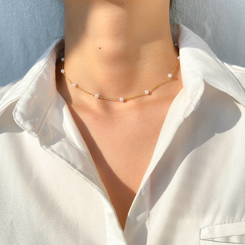 DAXI Women's Neck Chain Kpop Pearl Beads Choker Necklace Gold Color Necklaces Jewelry On The Neck 2021 Collar For Girls Gift