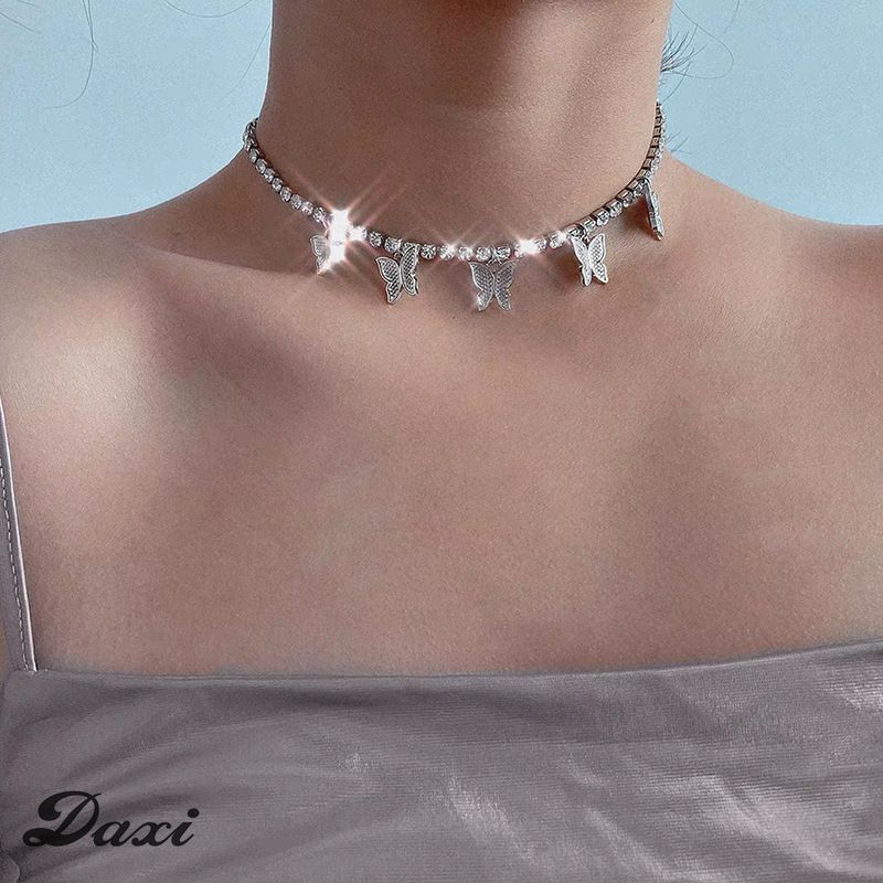 DAXI Statement Small Butterfly Pendant Choker Necklace For Women Crystal Tennis Chain Rhinestone Bling Trendy Bridesmaid Gifts