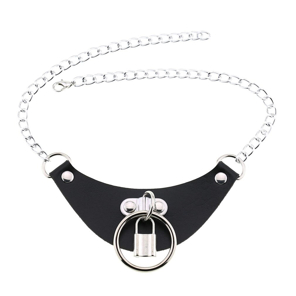 DIEZI 16 Colors Statement Collar Jewelry Gothic Harajuku PU Leather Necklace Women Circle Lock Chain Choker Pendant  Necklaces