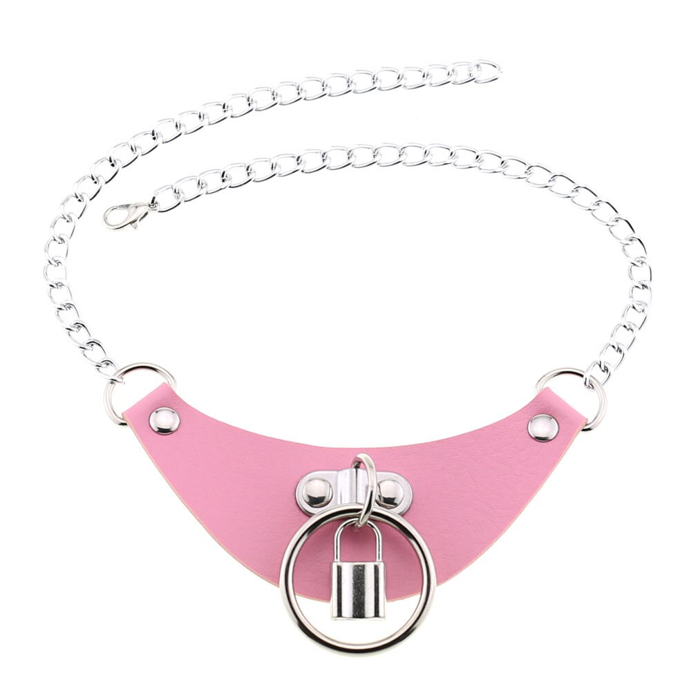 DIEZI 16 Colors Statement Collar Jewelry Gothic Harajuku PU Leather Necklace Women Circle Lock Chain Choker Pendant  Necklaces