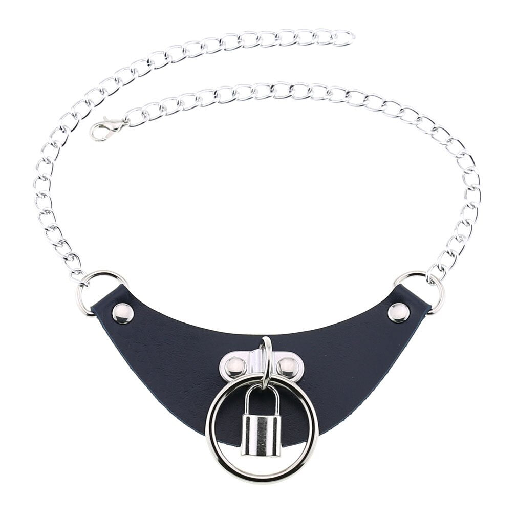 DIEZI 16 Colors Statement Collar Jewelry Gothic Harajuku PU Leather Necklace Women Circle Lock Chain Choker Pendant  Necklaces
