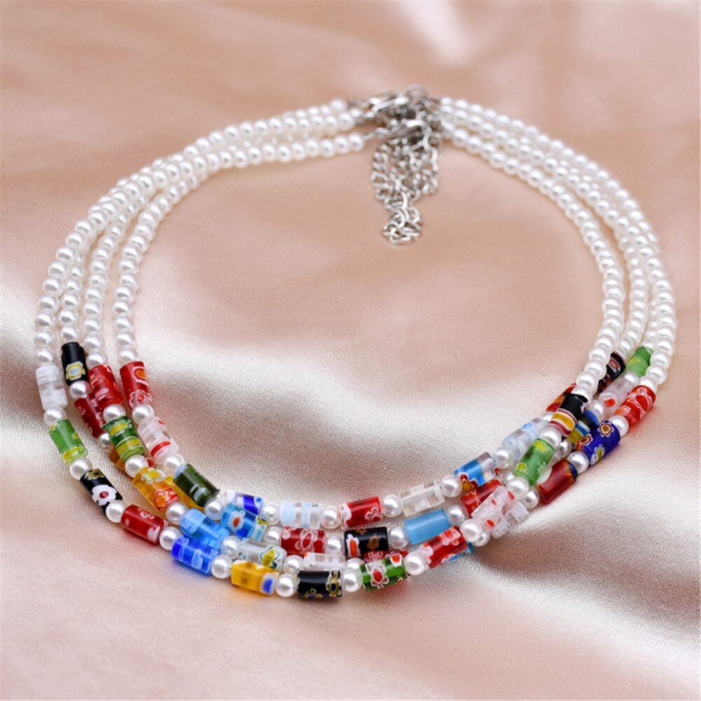DIEZI 2021 Bohemian Multicolor Acrylic Beads Imitation Pearls Choker Necklace Women Sweet Flower Chain Necklace