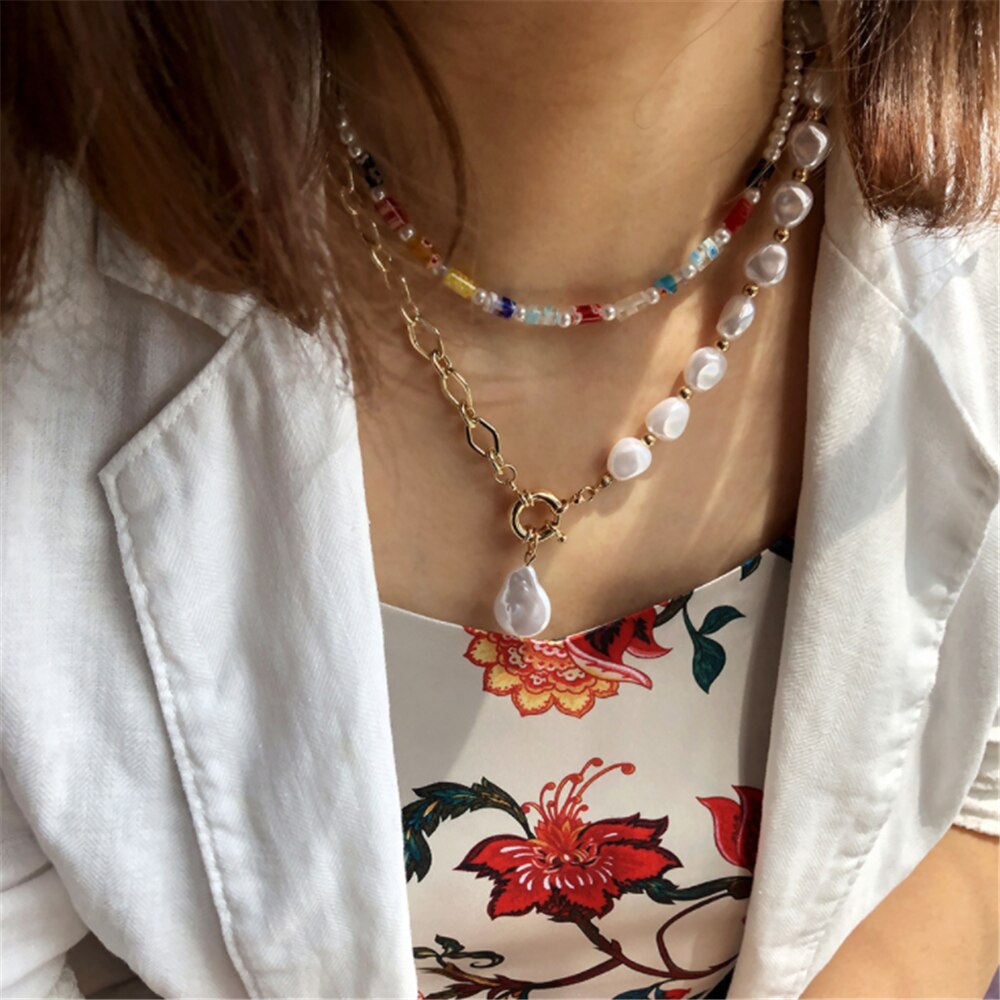 DIEZI 2021 Bohemian Multicolor Acrylic Beads Imitation Pearls Choker Necklace Women Sweet Flower Chain Necklace