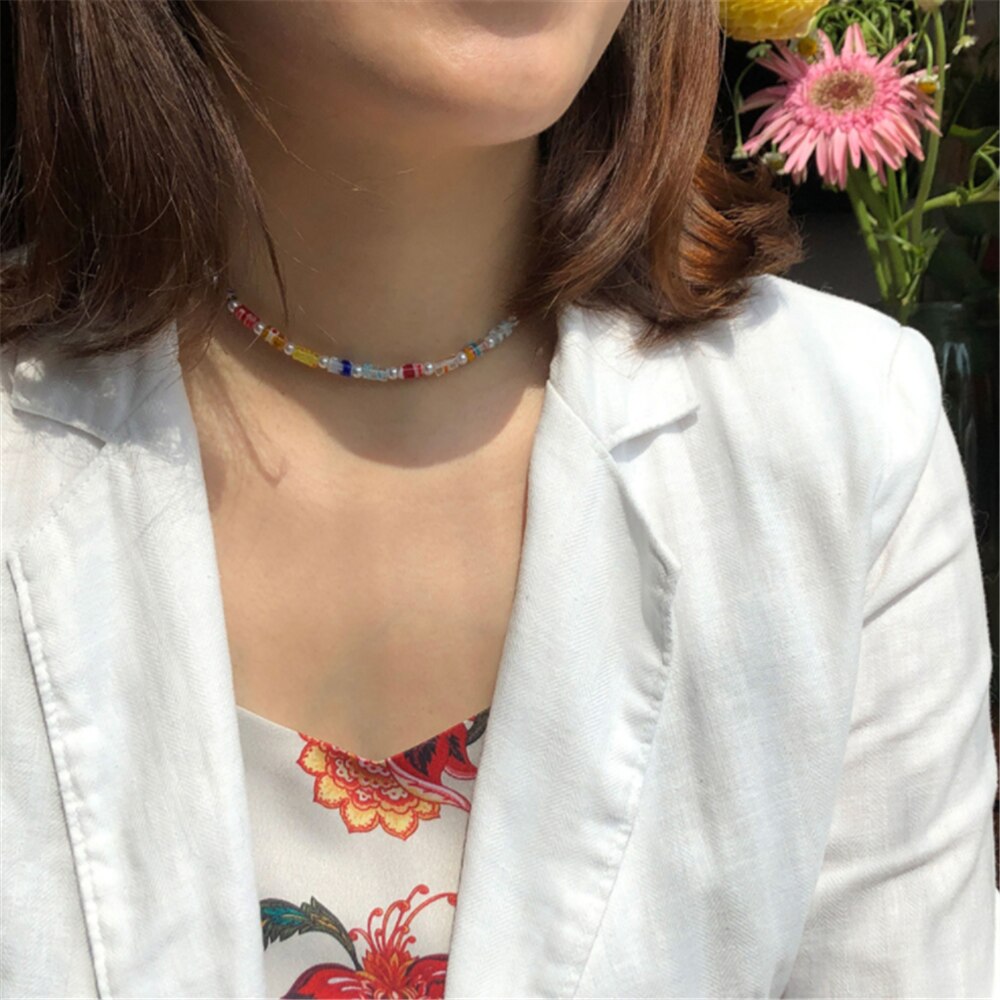 DIEZI 2021 Bohemian Multicolor Acrylic Beads Imitation Pearls Choker Necklace Women Sweet Flower Chain Necklace