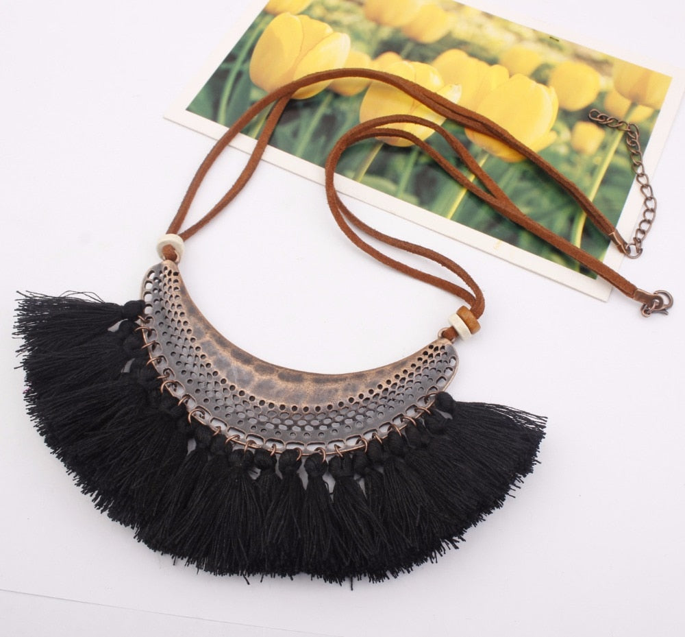 DIEZI Bohemia Vintage Tassel Choker Necklace For Women Ethnic Necklace Long Statement Necklace Boho Punk Jewelry