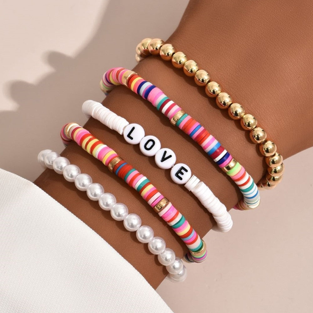 DIEZI Bohemian Ethnic Hamdmade Multicolor Bracelet Sets For Women  Letters Pearl Beads Bracelet Couples Boho Jewelry
