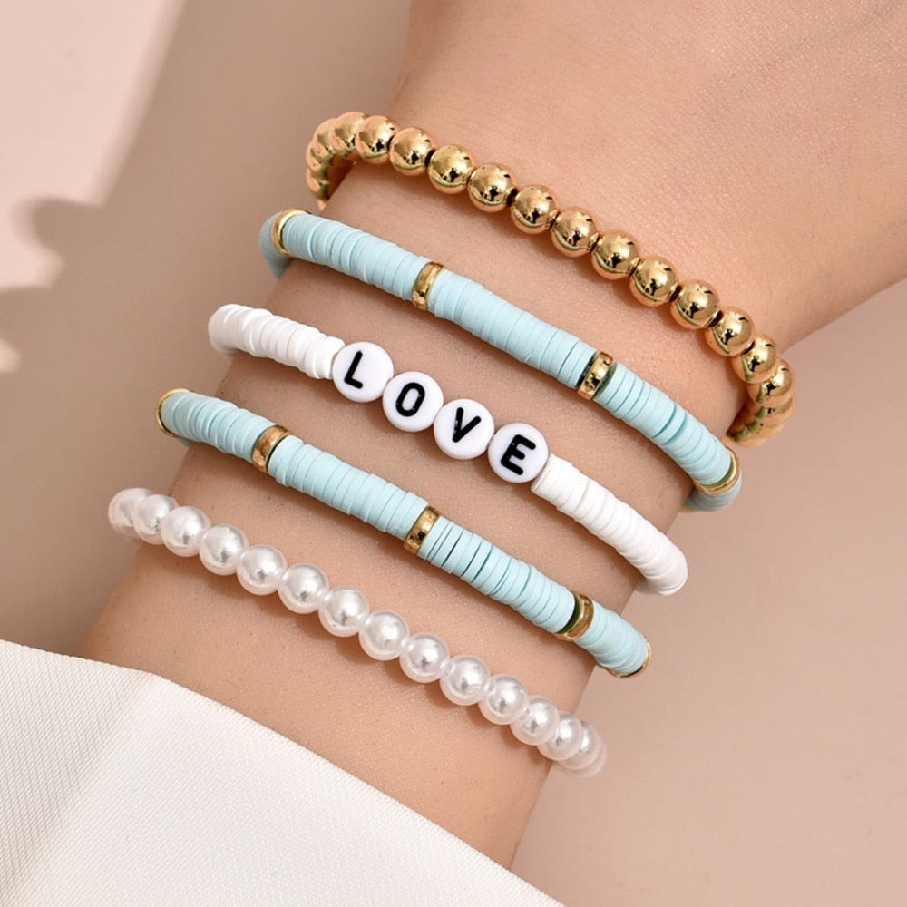 DIEZI Bohemian Ethnic Hamdmade Multicolor Bracelet Sets For Women  Letters Pearl Beads Bracelet Couples Boho Jewelry