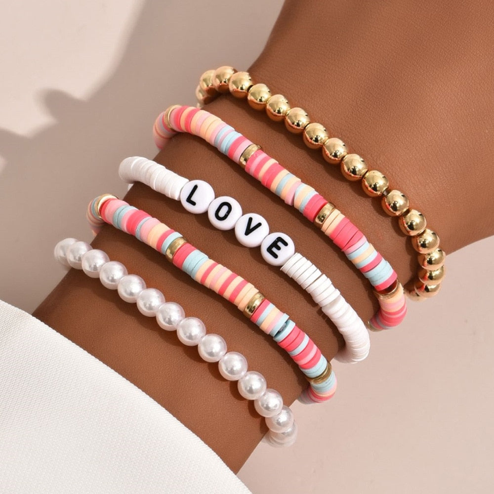 DIEZI Bohemian Ethnic Hamdmade Multicolor Bracelet Sets For Women  Letters Pearl Beads Bracelet Couples Boho Jewelry