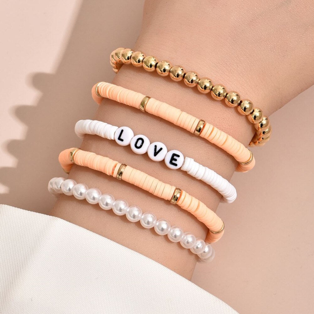DIEZI Bohemian Ethnic Hamdmade Multicolor Bracelet Sets For Women  Letters Pearl Beads Bracelet Couples Boho Jewelry