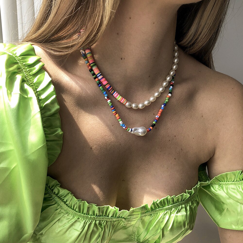 DIEZI Bohemian Ethnic Soft Clay Multicolor Acyrlic Beads Choker Necklace Women Pearl Chain Necklaces Sweet Girls Jewelry