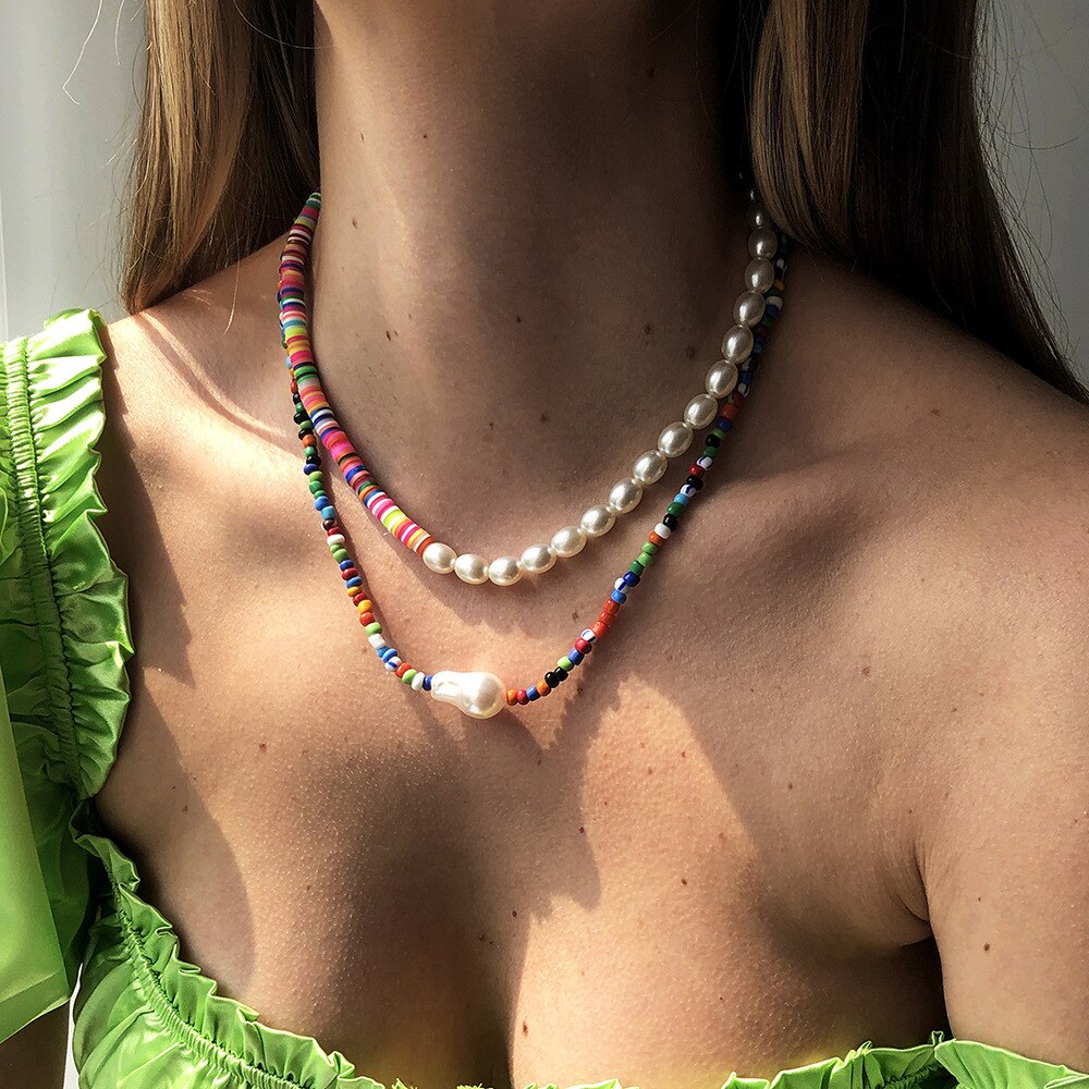DIEZI Bohemian Ethnic Soft Clay Multicolor Acyrlic Beads Choker Necklace Women Pearl Chain Necklaces Sweet Girls Jewelry