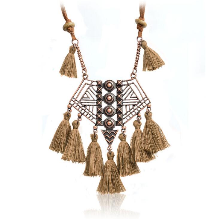 DIEZI Bohemian Geometry Wool Tassels Pendant Necklace 7 Colors Pink Ethnic Sweater Chain Fringed Chokers Necklace Jewelry