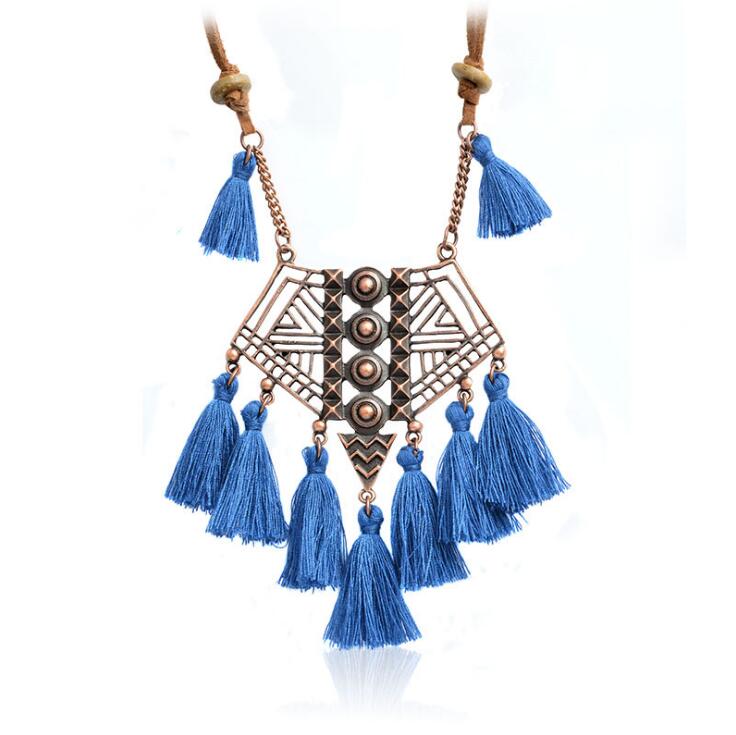 DIEZI Bohemian Geometry Wool Tassels Pendant Necklace 7 Colors Pink Ethnic Sweater Chain Fringed Chokers Necklace Jewelry