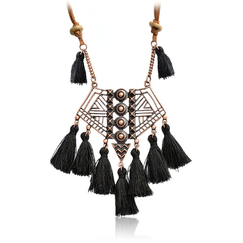 DIEZI Bohemian Geometry Wool Tassels Pendant Necklace 7 Colors Pink Ethnic Sweater Chain Fringed Chokers Necklace Jewelry