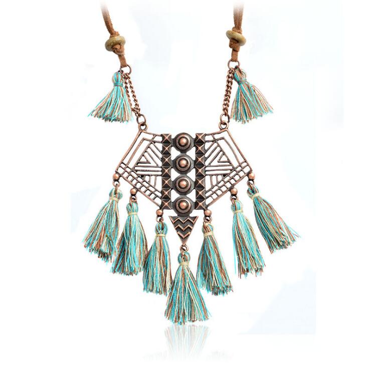 DIEZI Bohemian Geometry Wool Tassels Pendant Necklace 7 Colors Pink Ethnic Sweater Chain Fringed Chokers Necklace Jewelry