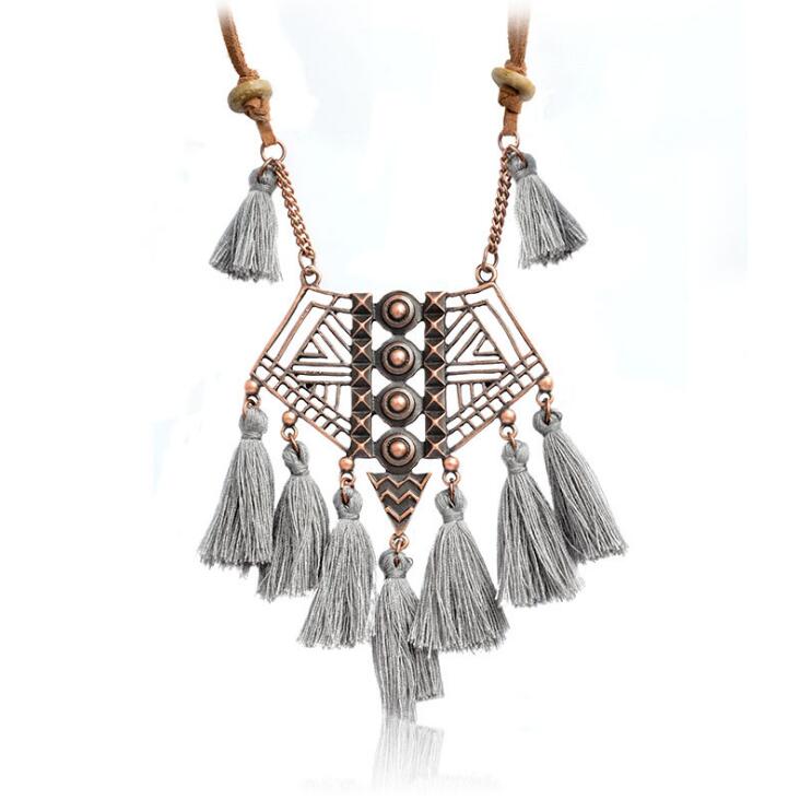 DIEZI Bohemian Geometry Wool Tassels Pendant Necklace 7 Colors Pink Ethnic Sweater Chain Fringed Chokers Necklace Jewelry