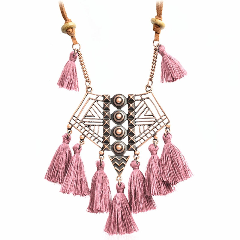 DIEZI Bohemian Geometry Wool Tassels Pendant Necklace 7 Colors Pink Ethnic Sweater Chain Fringed Chokers Necklace Jewelry