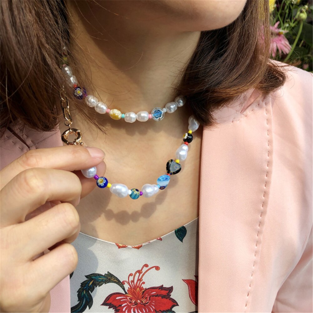 DIEZI Ethnic 2021 Multicolor Heart Beads Imitation Pearls Choker Necklace Women Bohemian Sweet Flower Pendant Necklace