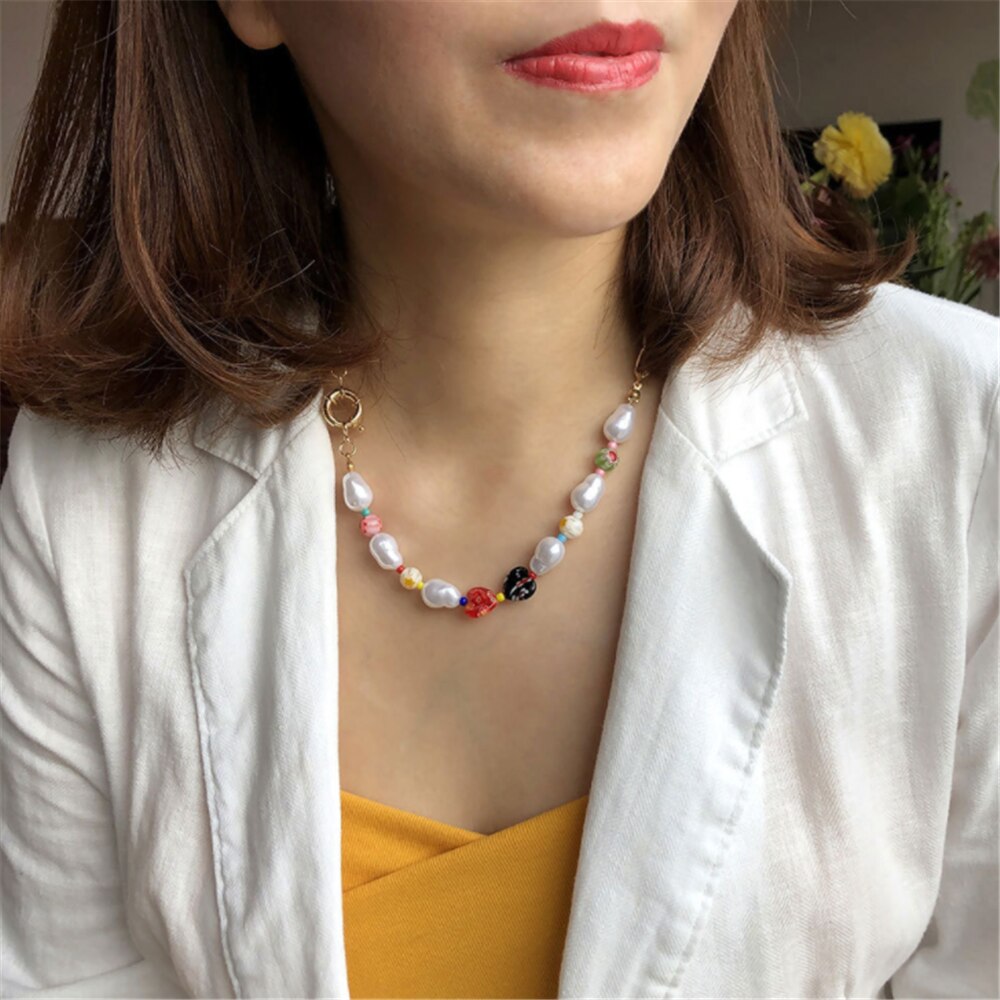 DIEZI Ethnic 2021 Multicolor Heart Beads Imitation Pearls Choker Necklace Women Bohemian Sweet Flower Pendant Necklace