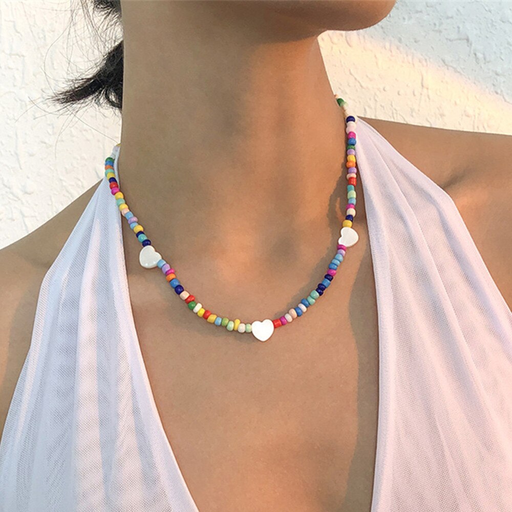 DIEZI Ethnic Multicolor Acrylic Beads Choker Necklace Bohemian Heart Pendant Chain Necklaces Sweet Girls Women Jewelry