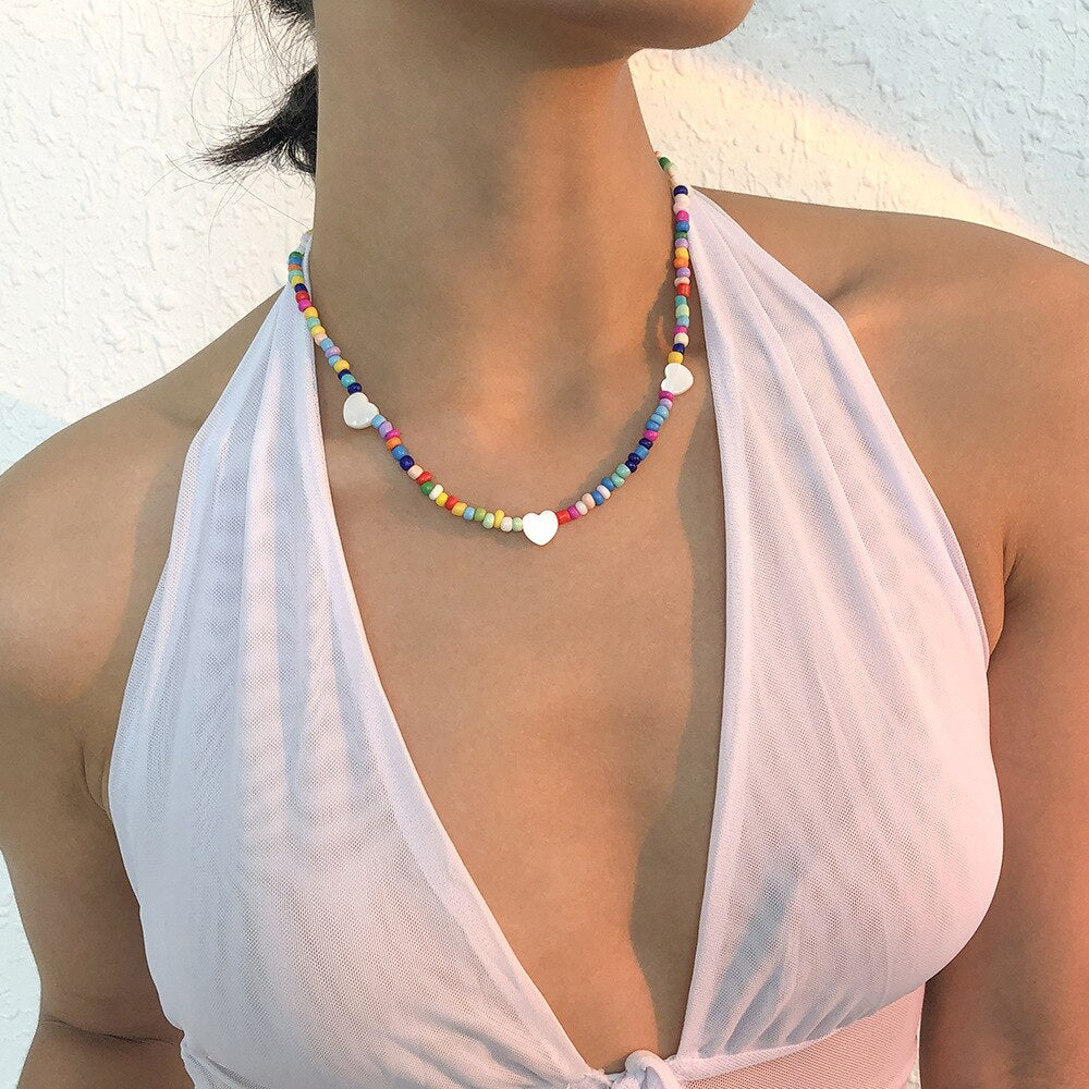 DIEZI Ethnic Multicolor Acrylic Beads Choker Necklace Bohemian Heart Pendant Chain Necklaces Sweet Girls Women Jewelry