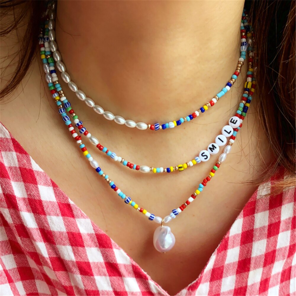 DIEZI Ethnic Multilayer Imitation Pearl Choker Necklace For Women Multicolor Acrylic Beads Letters Chain Necklace Jewelry