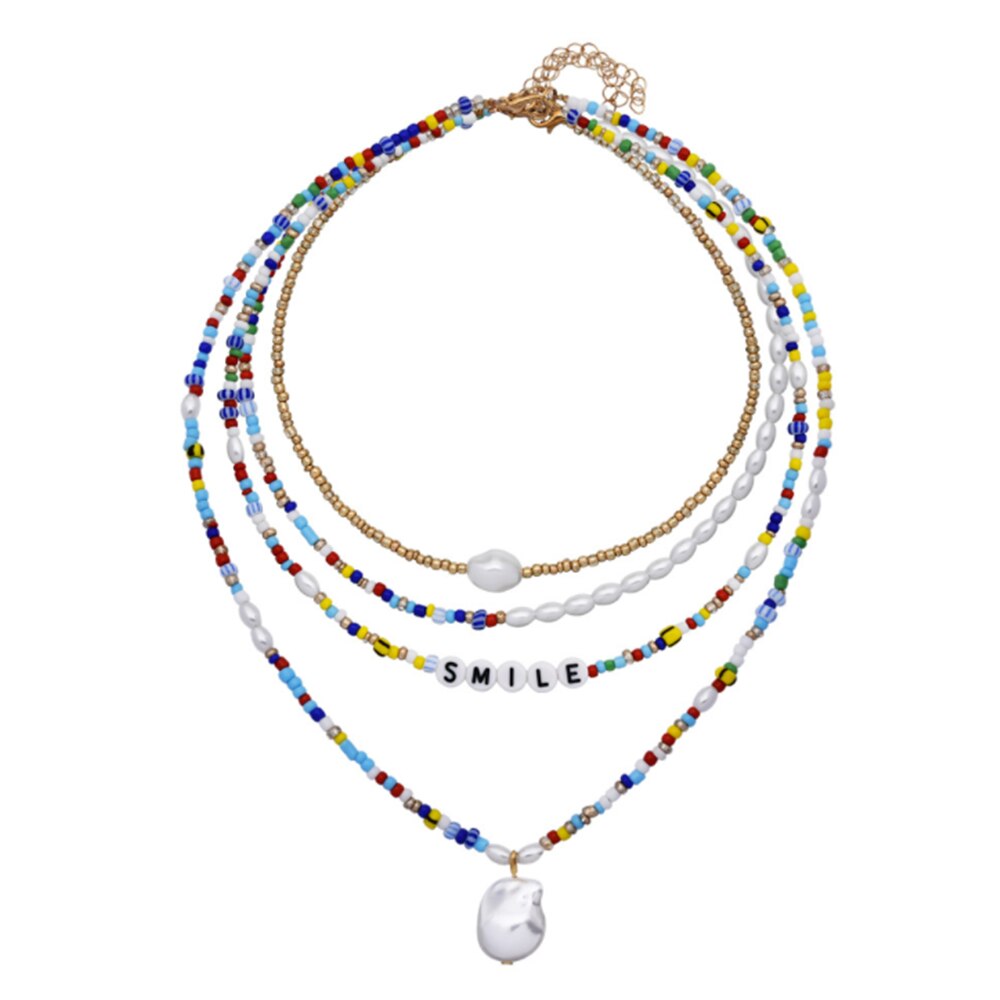 DIEZI Ethnic Multilayer Imitation Pearl Choker Necklace For Women Multicolor Acrylic Beads Letters Chain Necklace Jewelry